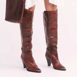 Free People Brown Croc-Embossed Heeled Boots